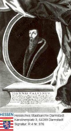 Calvin, Johannes (1509-1564) / Porträt in Medaillon mit Sockelinschrift, Brustbild