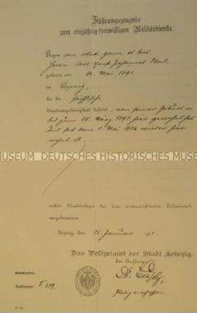 Polizeiliches Führungszeugnis zum einjährig-freiwilligen Militärdienst für den Studenten Johannes Paul; Leipzig, 16. Jan. 1911