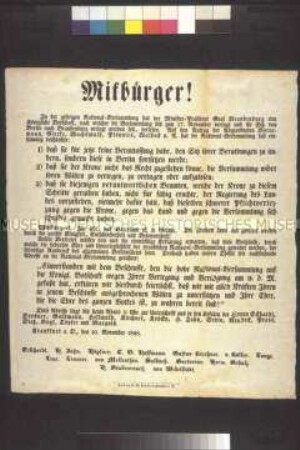 Maueranschlag: Mitbürger! Aufruf Frankfurter Bürger, den Widerstand der Nationalversammlung gegen den Staatsstreich der Regierung durch die Unterschrift unter eine Adresse an die Nationalversammlung zu unterstützen; Frankfurt (Oder), 10. November 1848