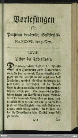 LXVIII. Ueber die Todesstrafe : No. XXXVII. den 5. Nov.