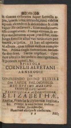 Epistola Cornelii Alvetani Arnsrodii De Conficiendo Divino Elixire sive Lapide Philosophico.
