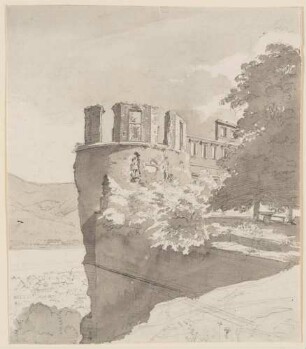 Ein Eckturm der Ruine des Heidelberger Schlosses über dem Neckar in Baden-Würtemberg mit Blick ins Tal auf Stadt und Fluss, verso Bildnis mit ausgewischtem Gesicht
