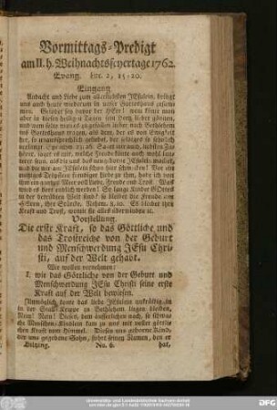 [No. 6.] Vormittags-Predigt am II. h. Weyhnachtsfeyertage 1762. Evang. Luc. 2, 15 - 20.