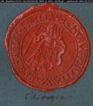 Siegler: Warendorf, Chirurgen-Zunft Überlieferungsart: Abdruck. Stoff: Lack Farbe: rot Form: rund. Durchmesser: 49 mm