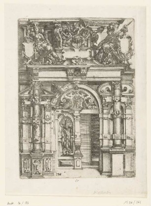 Halbgeöffnetes Portal mit den Allegorien Krieg und Sieg, aus: Wendel Dietterlin, Architectura, Nürnberg 1598, S. 156