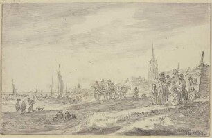 Strand mit einem Wagen und vielen Figuren