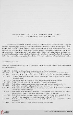 Sprawozdanie z działalności Komitetu Nauk o Sztuce Polskiej Akademii Nauk w latach 1996-1999
