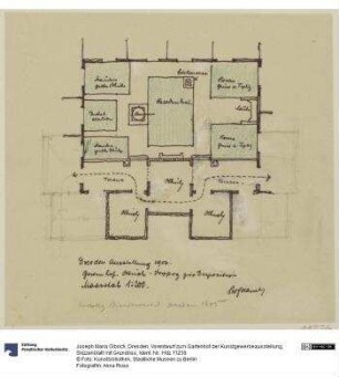 Dresden, Vorentwurf zum Gartenhof der Kunstgewerbeausstellung, Skizzenblatt mit Grundriss