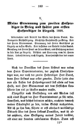 V. Meine Ernennung zum zweiten Hofprediger in Brieg und später zum ersten Hofprediger in Liegnitz. 1668.