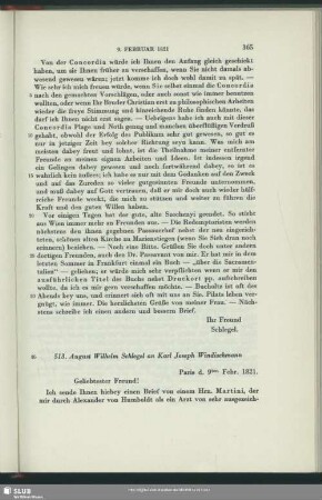 August Wilhelm von Schlegel an Karl Josef Hieronymus Windischmann, Paris, 09.02.1821