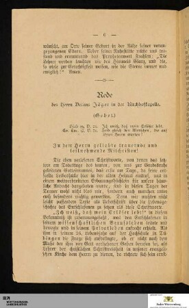 Rede des Herrn Decans Jäger in der Kirchhofkapelle