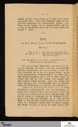 Rede des Herrn Decans Jäger in der Kirchhofkapelle