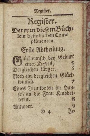 Register. Derer in diesem Büchlein befindlichen Complimenten.