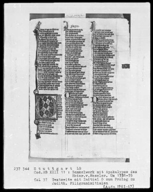 Sammelwerk mit Apokalypse des Heinrich von Hesler & Christherrenchronik — Esra, Nehemia, Esther und Judith, Folio 27recto-51verso — ---, Folio 27recto-51versoInitiale O, Folio 37 recto