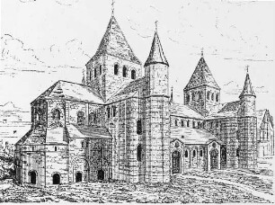 Hildesheim, St. Michael, ehem. Benediktiner-Klosterkirche, Rekonstruktion des ersten Baus nach Fertigstellung um 1022, Schnitt, von Südwesten