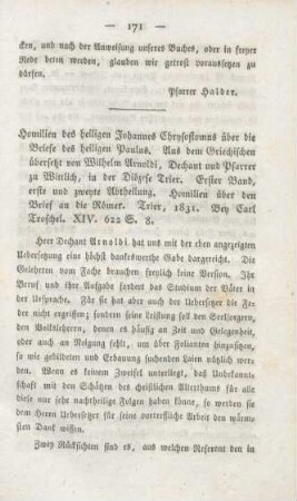 171-186 [Rezension] Johannes Chrysostomus, Homilien des heiligen Johannes Chrysostomus über die Briefe des heiligen Paulus; Erster Band