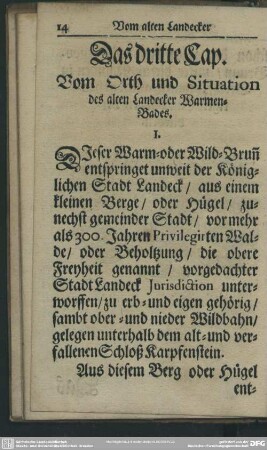 Das dritte Cap. Vom Orth und Situation des alten Landecker Warmen Bades