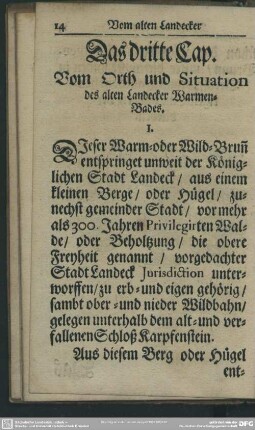 Das dritte Cap. Vom Orth und Situation des alten Landecker Warmen Bades