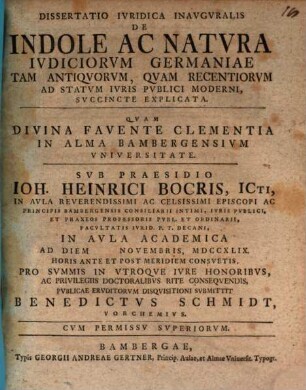 Dissertatio Ivridica Inavgvralis De Indole Ac Natvra Ivdiciorvm Germaniae Tam Antiqvorvm, Qvam Recentiorvm Ad Statvm Ivris Pvblici Moderni, Svccincte Explicata
