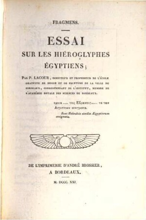 Fragmens : Essai sur les Hiéroglyphes Égyptiens