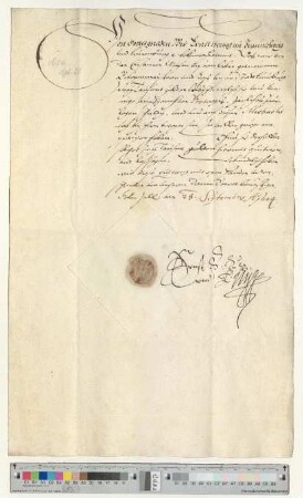 Herzog Ernst II. zu Braunschweig-Lüneburg quittiert dem Lüneburger Stadtrat den Empfang von 2000 Gulden lübisch Jahrespension zustehend aus dem Vertrag von 1562. Eigenhändige Unterschrift.