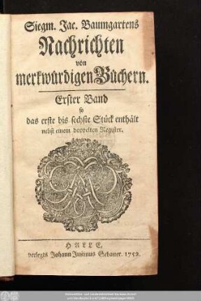 1.1752: Siegm. Jac. Baumgartens Nachrichten von merkwürdigen Büchern