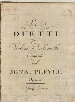 Sei duetti per violino e violoncello : opera 4