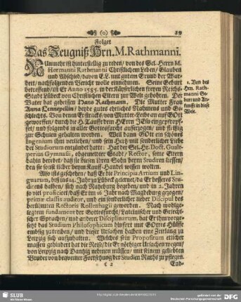 Lebenslauf : Folget Das Zeugniß Hrn. M. Rathmanni