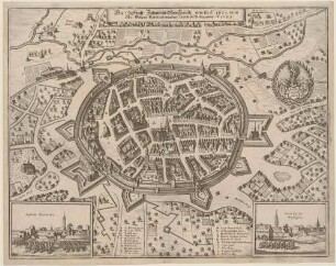 Stadtansicht von Zittau in der Oberlausitz aus der Vogelperspektive mit Umgebung und Befestigungen von 1632 während der Belagerung 1643, aus Merians Theatrum Europaeum oder Topographia Superioris Saxoniae