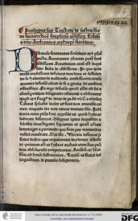 Prologus super tractatu de instructione seu directione simplicium confessorum, editum a domino Anthonio archiepiscopo Florentino.