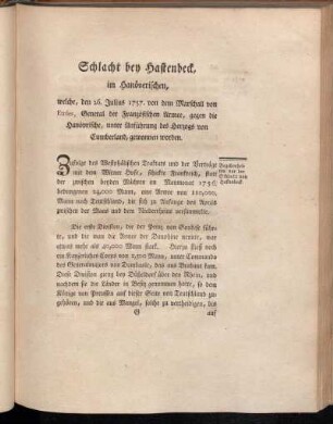 Schlacht bei Hastenbeck, im Hanöverischen, [...].