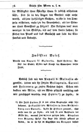 Abreise von Napoli di Malvasia. Insel Hydra; Ansicht der Stadt; Sitten und Tracht der Einwohner dieser Insel.