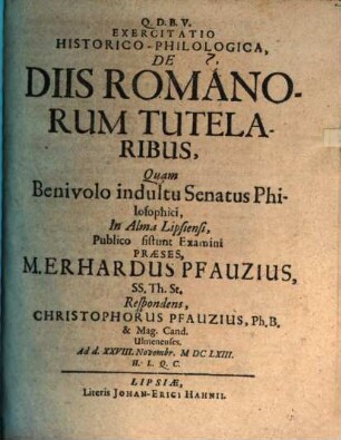 Exercitatio hist. philol. de diis Romanorum tutelaribus