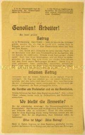 Programmatischer Agitationsaufruf der Spartakus-Gruppe an die Arbeiter zur Bildung von Arbeiter- und Soldatenräten, Aufhebung der Belagerung, Kampf nach Vorbild der russischen Proletarier