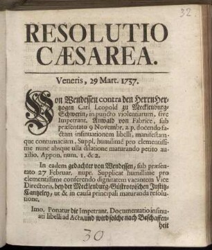 Resolutio Cæsarea : Veneris, 29 Mart. 1737.