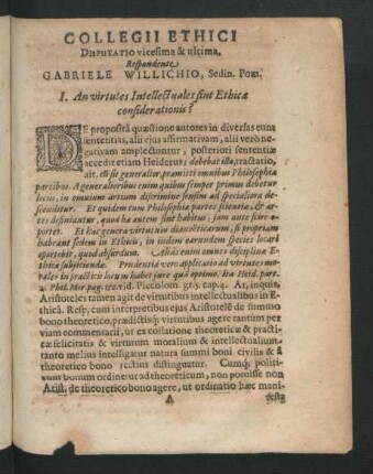 Collegii Ethici Disputatio vicesima & ultima. Respondente Gabriele Willichio