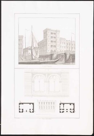 Wachturm: Grundrisse, Perspektivische Ansicht, Details (aus: Architektonische Entwürfe aus der Sammlung des Architektenvereins zu Berlin, H.3, 1838)