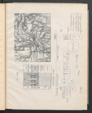 Plan I. 1. Karte des Fuldathales zwischen Kohlhaus und Gläserzell. 2. Plan der Grabung mit dem in den 12 Schachten aufgefundenen Pfahlwerk. 3. Durchschnittliches Profil der südlich vom Gartenhaus gelegenen Schachte.