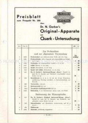 Preisblatt zum Prospekt Nr. 280 über Dr. N. Gerber`s Original-Apparate zur Quark-Untersuchung / Nr. 281