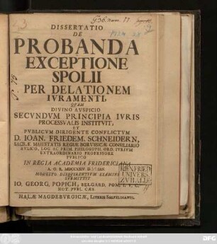 Dissertatio De Probanda Exceptione Spolii Per Delationem Ivramenti