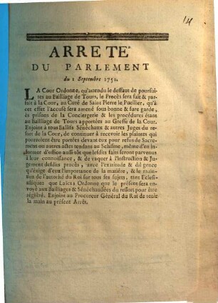 Arreté Du Parlement du 1 Septembre 1752.