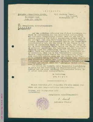Schreiben der Kirchenkanzlei der Deutschen Evangelischen Kirche an die Evangelische Reichsfrauenhilfe, 9. November 1944