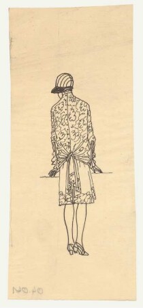 Modestudie zur Rückengestaltung eines Kleides : Weibliche Figur in einem knielangen Kleid mit tiefsitzender Taille, Absatzschuhen und Hut, rückwärtige Darstellung