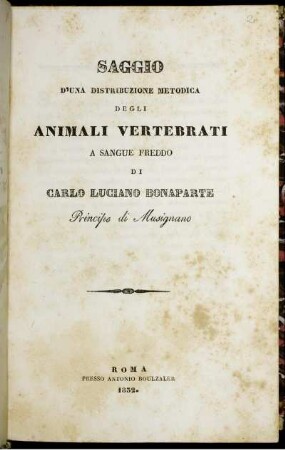 Saggio D'Una Distribuzione Metodica Degli Animali Vertebrati A Sangue Freddo