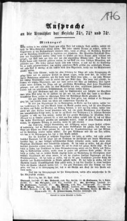 Ansprache an die Urwähler der Bezirke 74.a, 74.b und 74.c. (Sammlung Friedlaender)