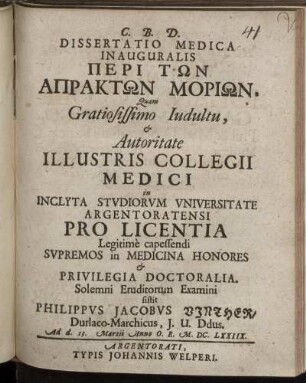 Dissertatio Medica Inauguralis Peri Tōn Apraktōn Moriōn