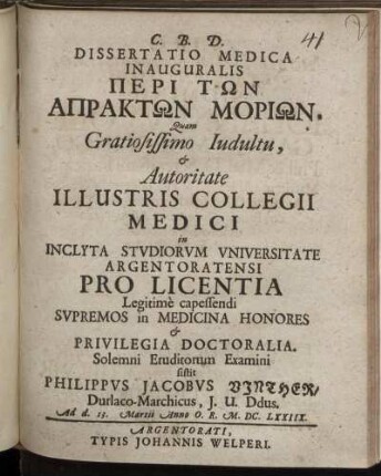 Dissertatio Medica Inauguralis Peri Tōn Apraktōn Moriōn