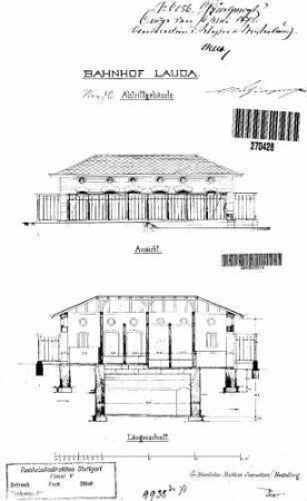 Lauda: Nebengebäude Abtrittgebäude Längsschnitt,Längsansicht (mit FU)