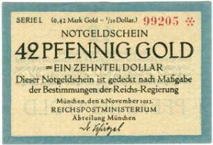 Geldschein / Notgeld, 42 Goldpfennig, 8.11.1923