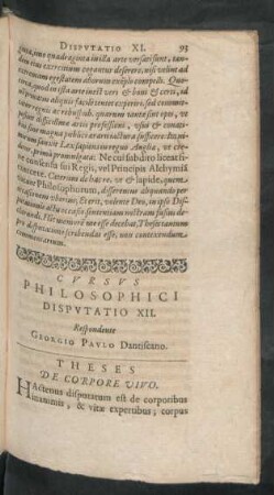 Cursus Philosophici Disputatio XII. Respondente Georgio Paulo Dantiscano.